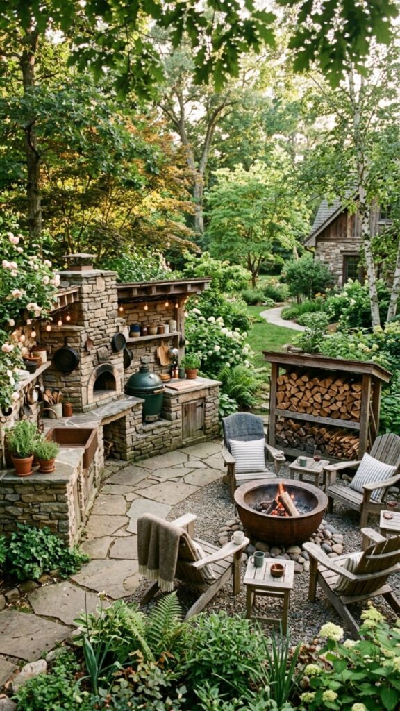 4. Rustic Stone Kitchen and Wood-Fire Pit