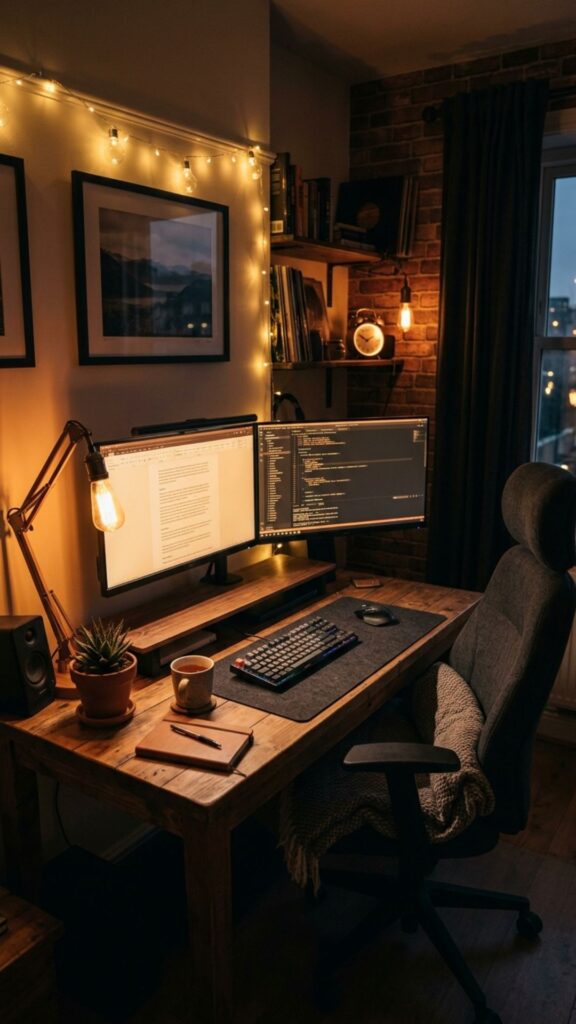 5. Add Warm Lighting Around Your Workspace