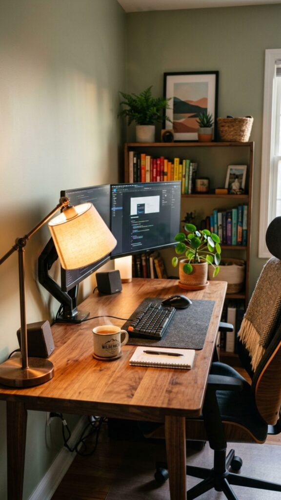 5. Add Warm Wood for a Cozy Workspace
