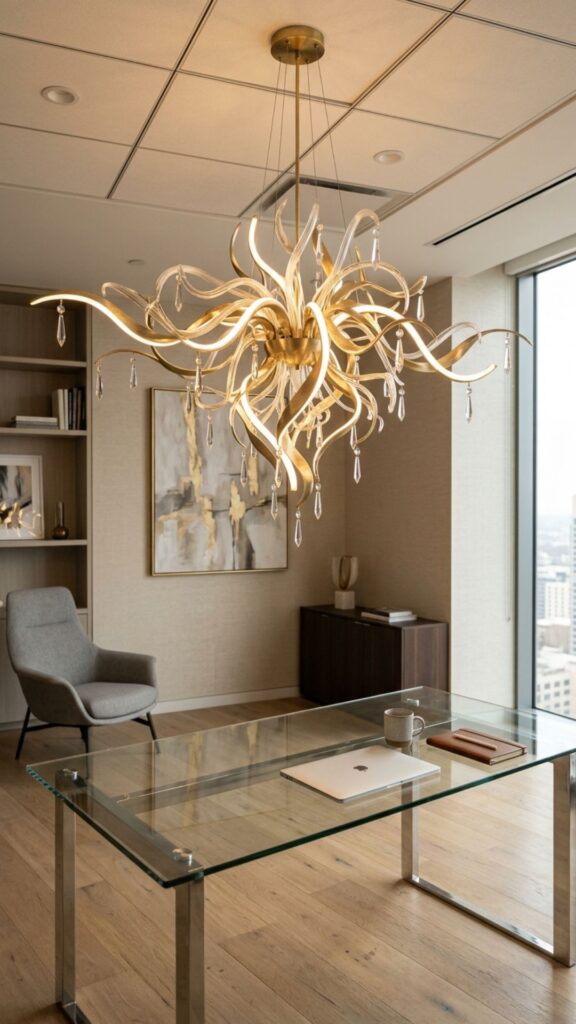 5. Add a Statement Chandelier Above the Desk