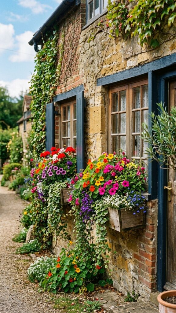 5. Fill Window Boxes With Bright Blooms and Greens