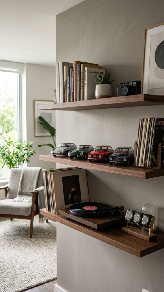 5. Install Floating Shelves for Your Favorite Gear