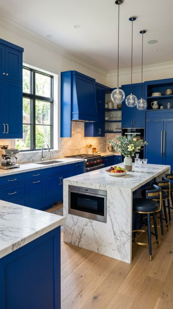 5. Royal Blue Cabinets With Marble Countertops