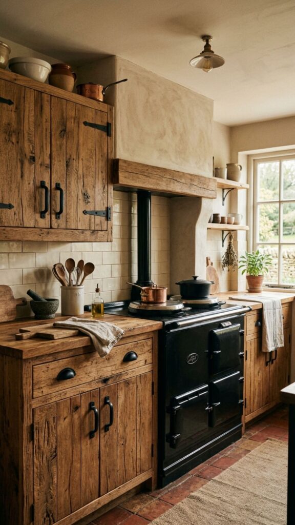 5. Rustic Wood Cabinets With Black Hardware