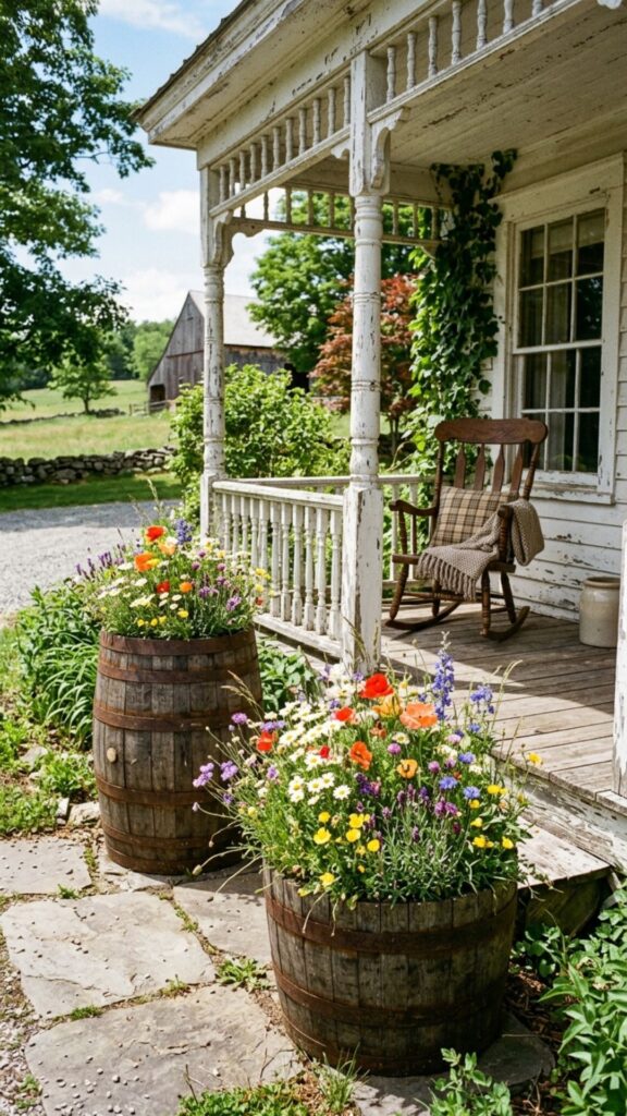 5. Rustic Wooden Barrel Planters