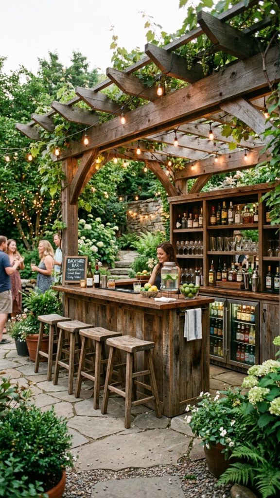 6. Add a Rustic Outdoor Bar Under the Pergola
