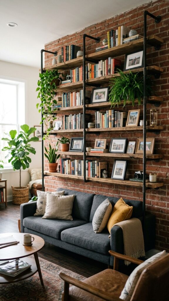6. Decorate with Industrial Pipe Shelves