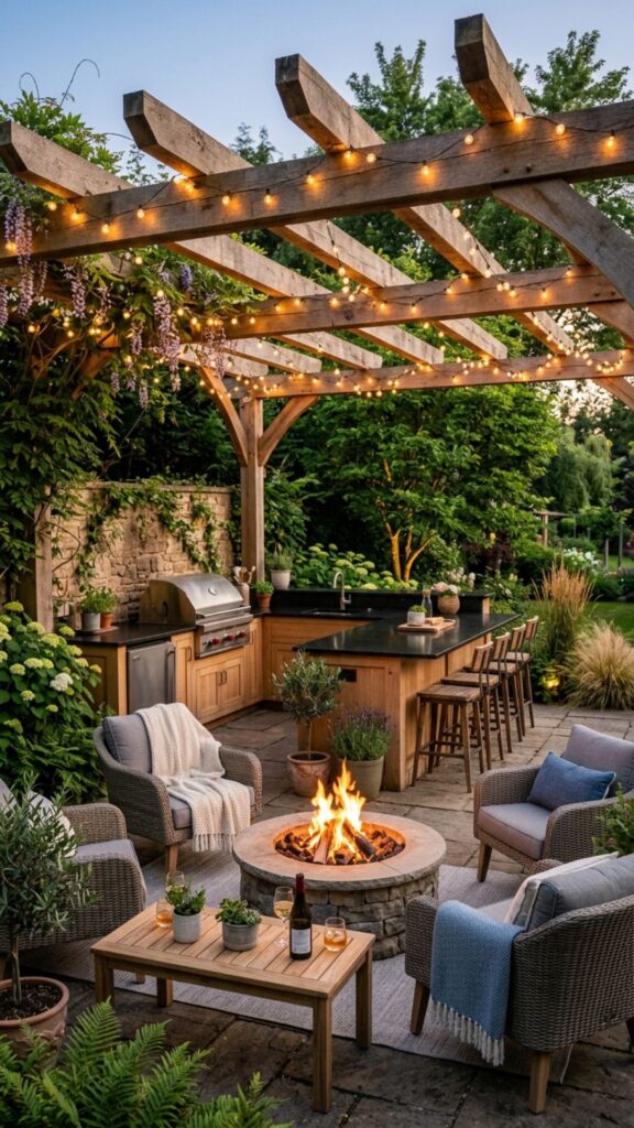 6. Pergola-Covered Kitchen With Fire Pit Lounge