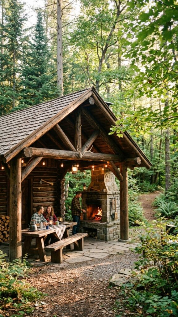 6. Rustic Log Cabin Grill Shelter