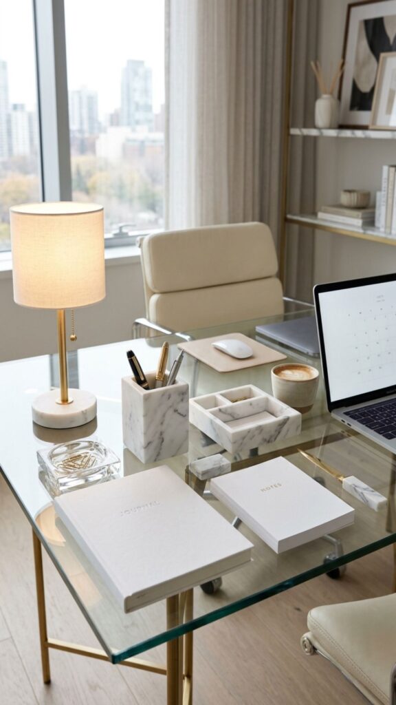 6. Style a Glass Desk With Marble Accessories