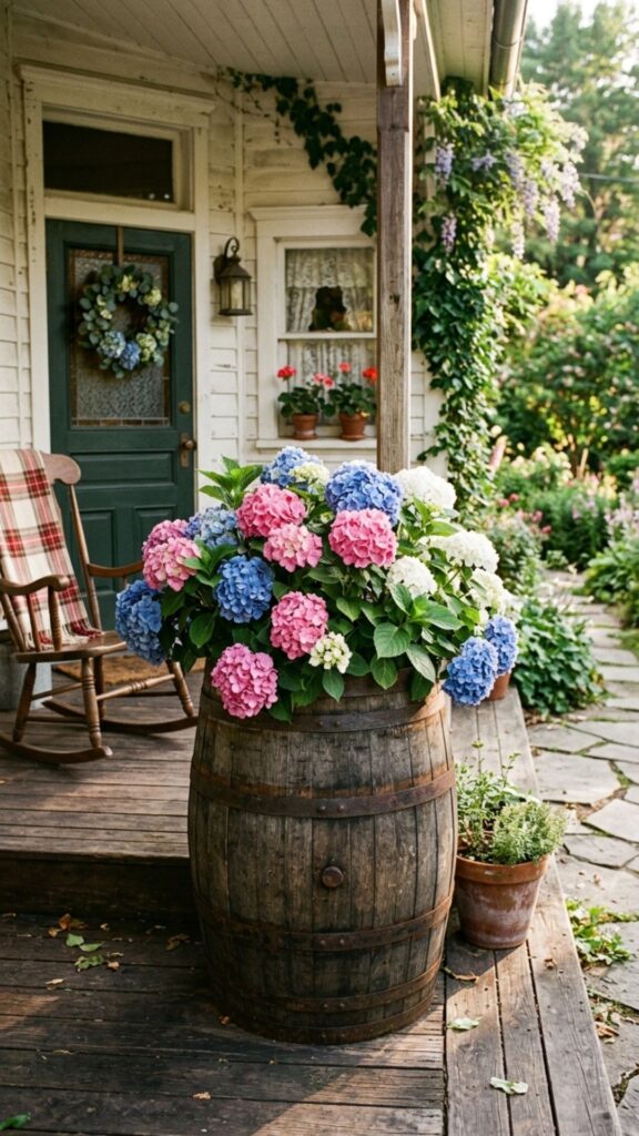 6. Try a Rustic Wooden Barrel Planter