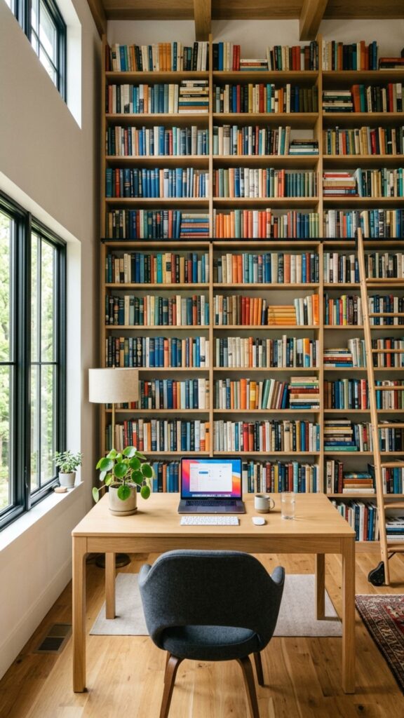 6. Turn the Wall Behind Your Desk Into a Book Wall