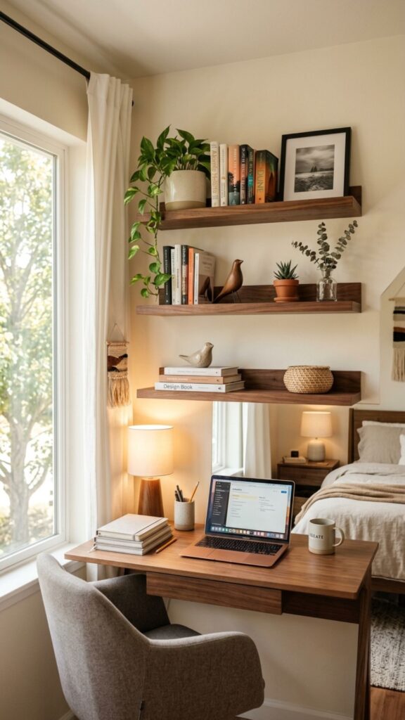 7. Add Floating Shelves Above Your Desk