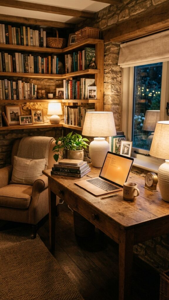 7. Add Warm Lighting for a Comfortable Workspace