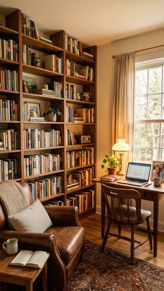 7. Add Wooden Bookshelves for a Warm Feel