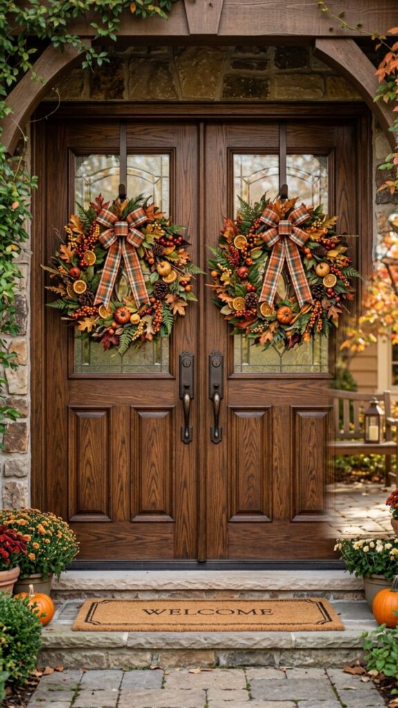 7. Hang Seasonal Wreaths on Both Doors