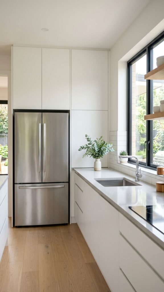 7. Minimal White Cabinet Design Around Fridge