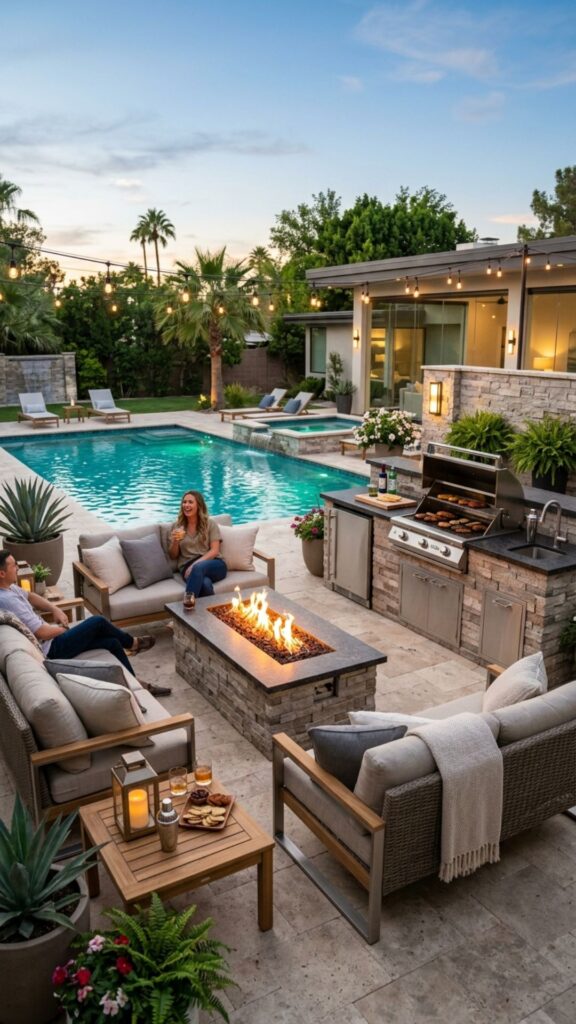 7. Poolside Kitchen and Fire Pit Combo