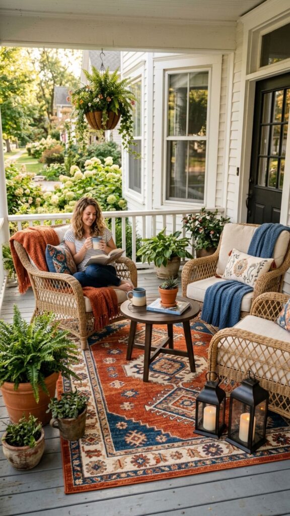 7. Roll Out a Patterned Outdoor Rug