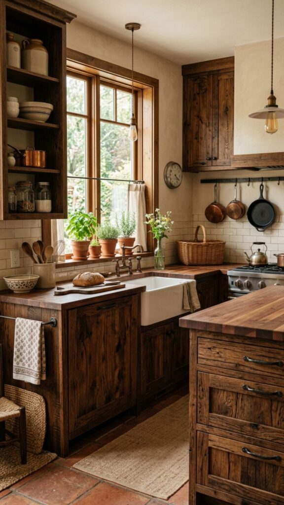 7. Rustic Brown Cabinets with Natural Wood Texture