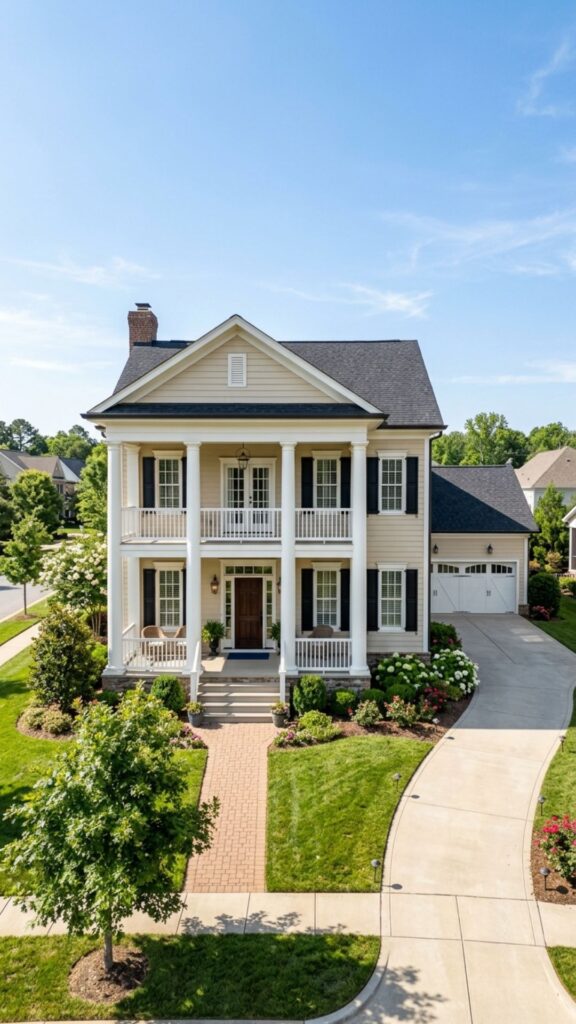 7. Two-Story Porch With an Attached Double Garage