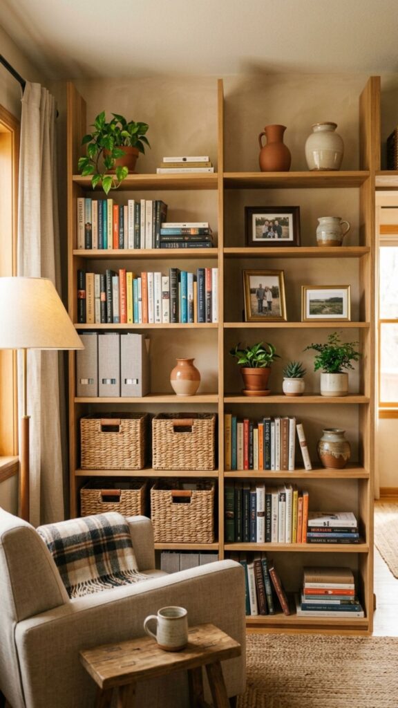 7. Use Natural Wood Shelving for Warmth