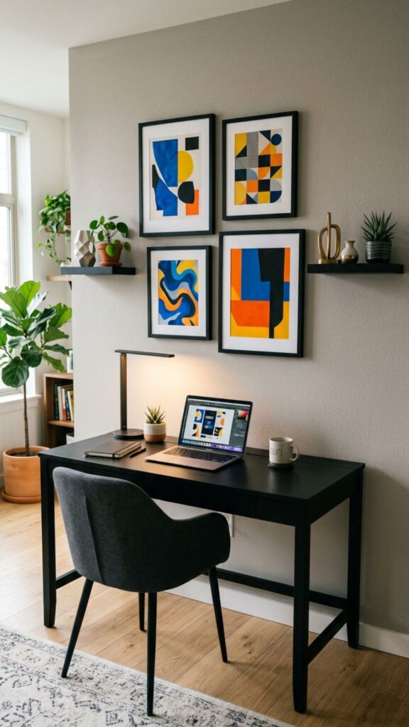 8. Add Wall Art Behind Your Black Desk