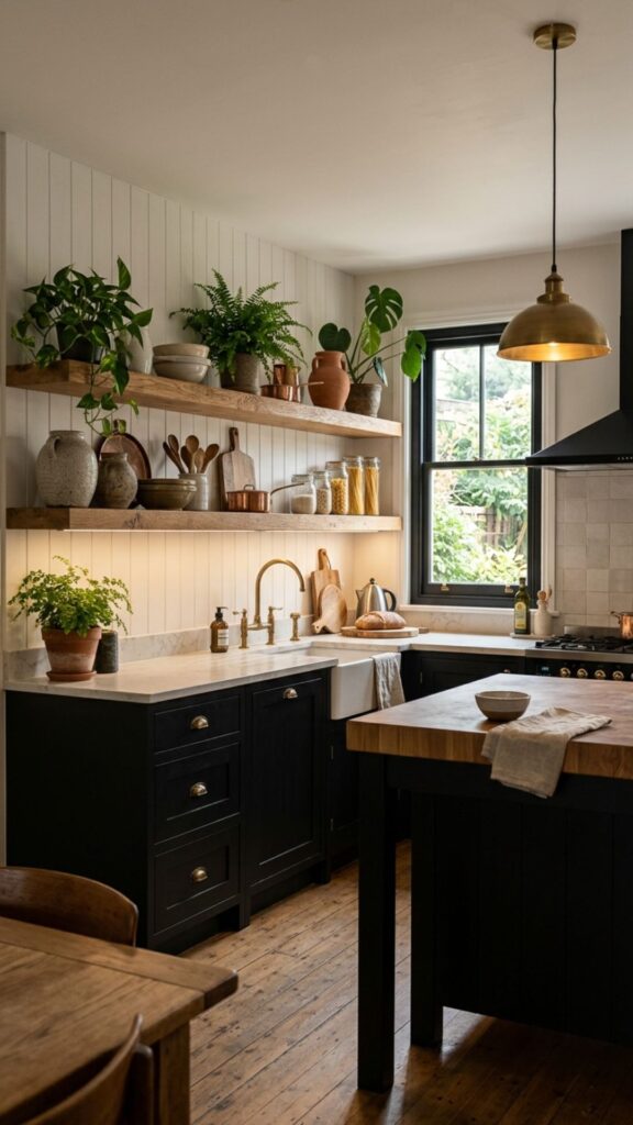 8. Black Cabinets With Open Wooden Shelving