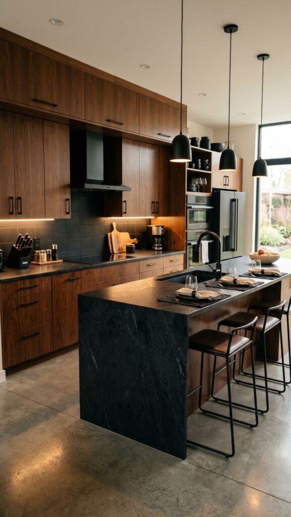 8. Brown Cabinets with Black Accents