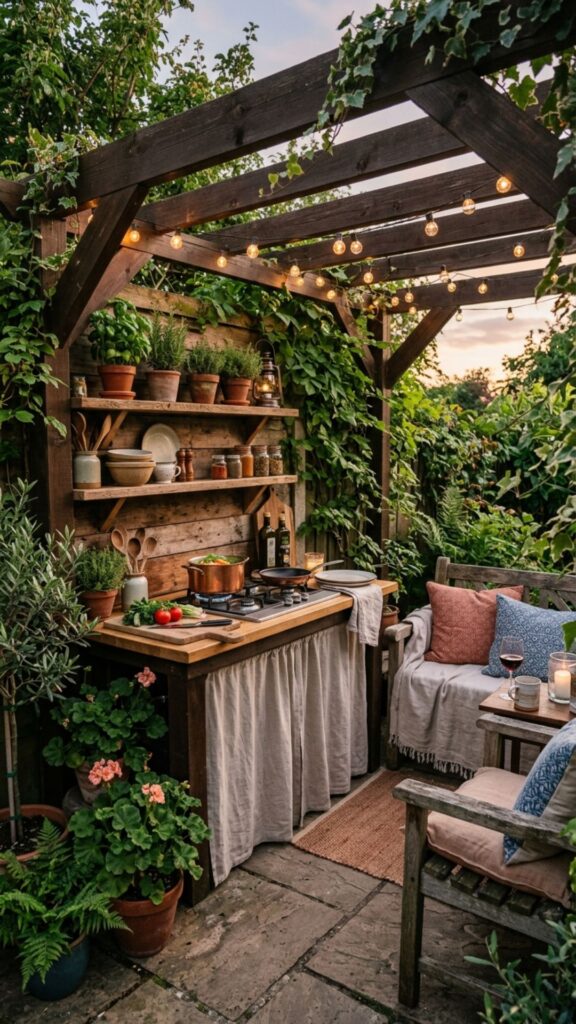 8. Create a Covered Cooking Nook With Café Lights
