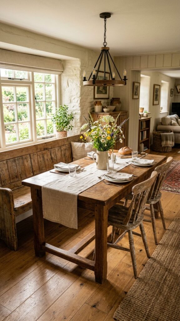 8. Farmhouse Bench-and-Chair Mix