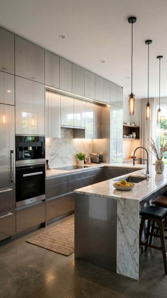 8. Glossy Aluminum Cabinets for a Premium Feel