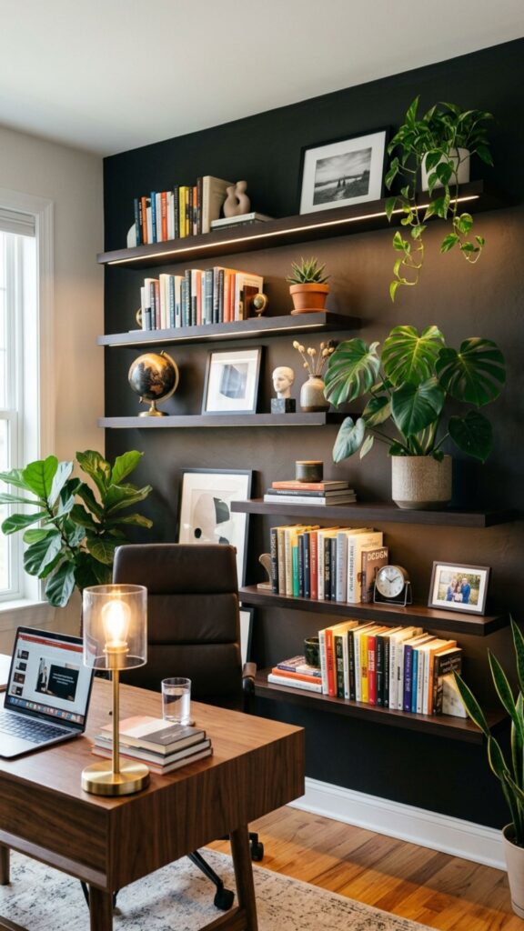9. Add Floating Shelves With Dark Finishes