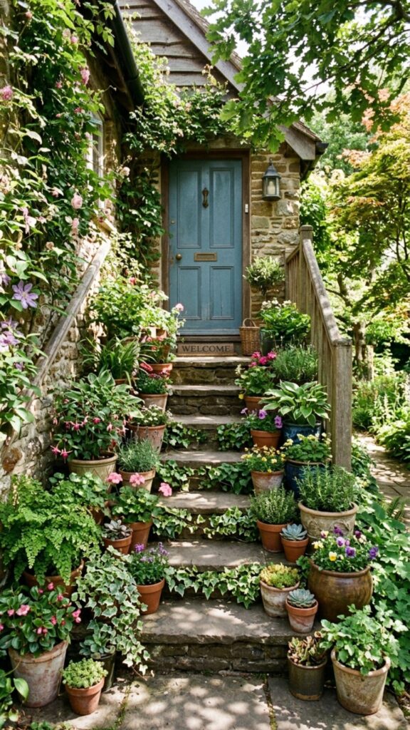 9. Add Layered Potted Plants on Steps