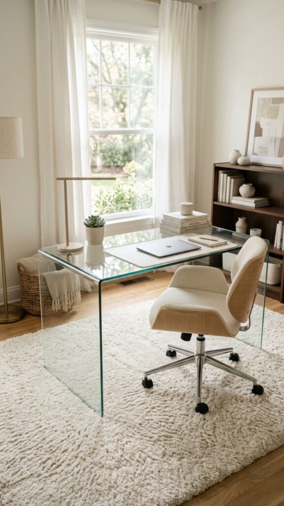 9. Add a Plush Area Rug Under Your Glass Desk