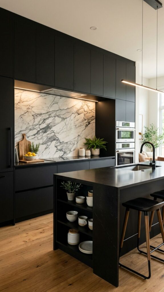 9. Black Cabinets With a Statement Backsplash