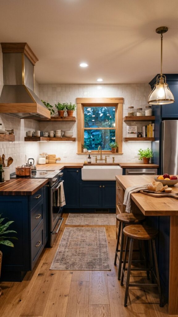 9. Blue Cabinets With Wooden Accents