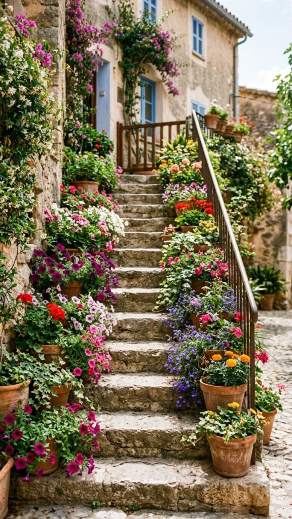 9. Cascading Flower Pots for Steps