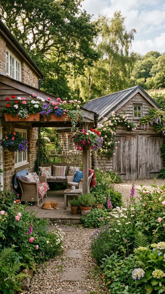 9. Cottage Porch With a Rustic Wood Garage