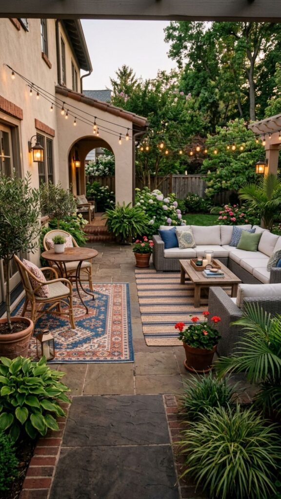 9. Define Zones With Outdoor Rugs and Furniture Groupings