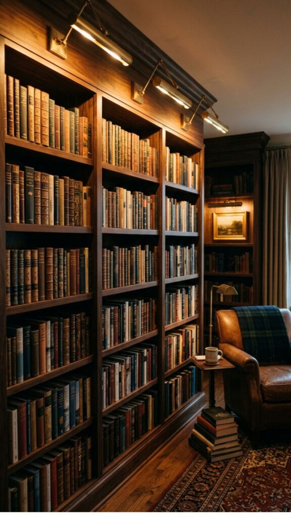 9. Install Picture Lights Above Bookshelves