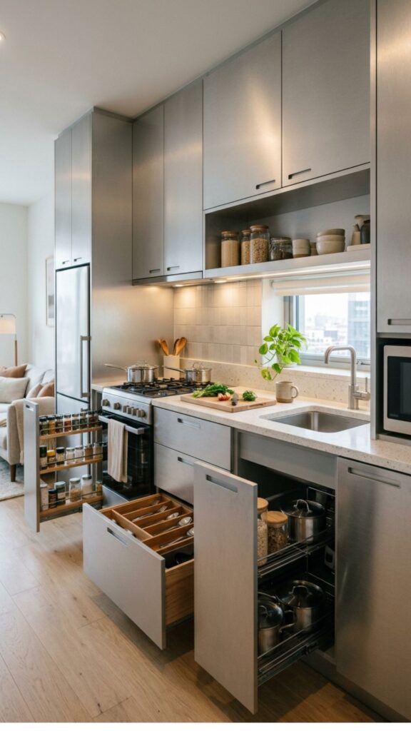 9. Small Apartment Aluminum Kitchen Design