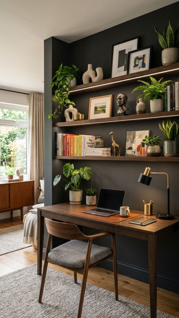 9. Use Dark Shelving for Storage and Style