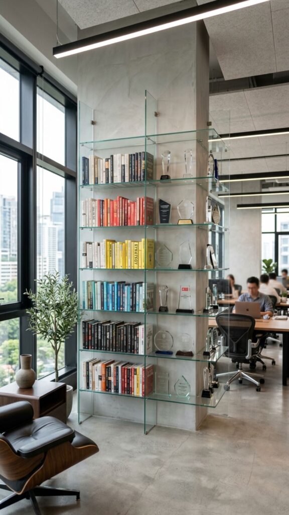 9. Use Glass Bookshelves for a Contemporary Style