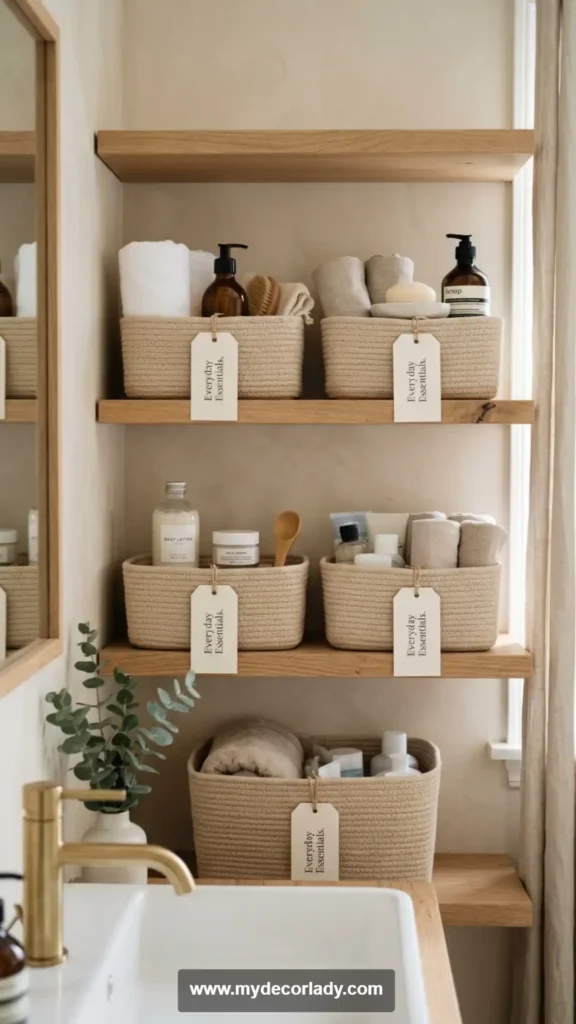 1. Minimalist “Everyday Essentials” Labels for Open Shelves