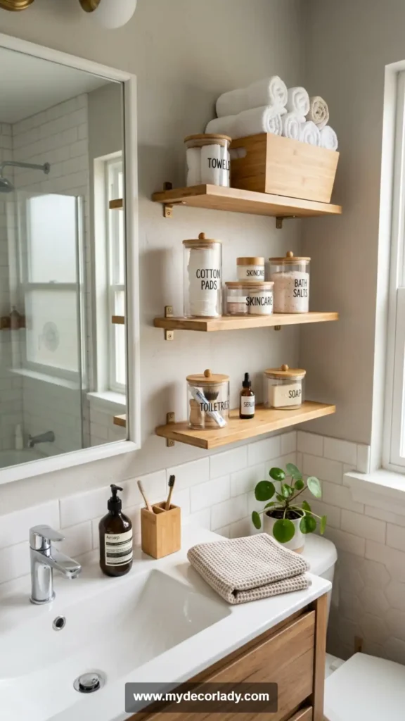 13. Floating Shelf Labels for Small Bathrooms