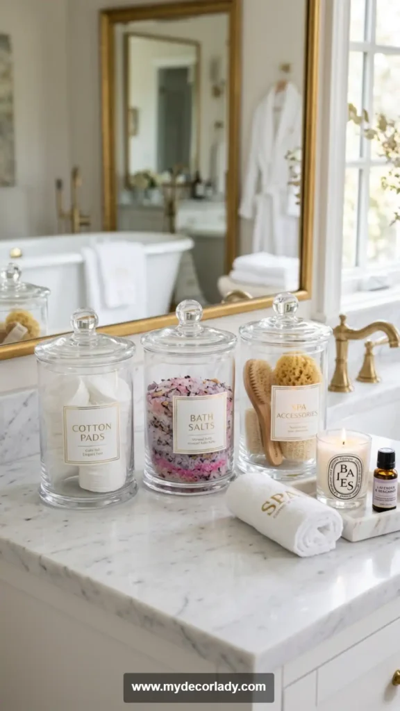 2. Luxury Glass Jar Labels for Bathroom Countertops