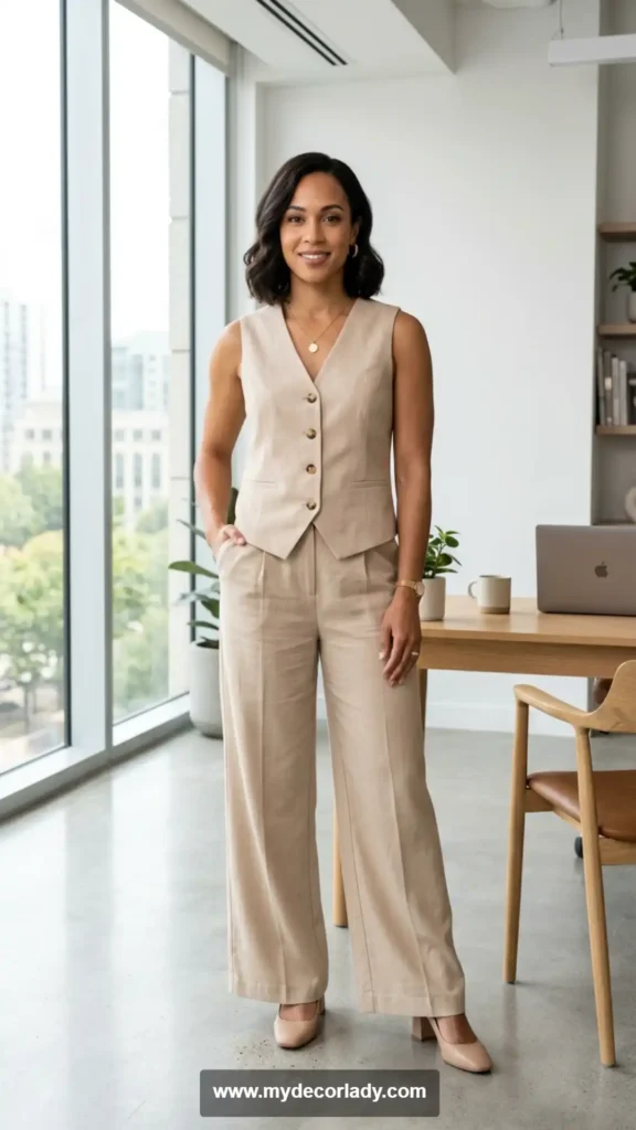 2. Neutral Beige Vest and Wide-Leg Pants Set