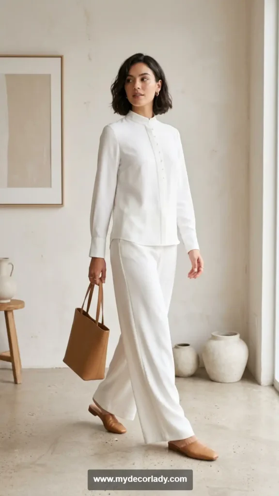 20. Minimal White Blouse and Wide Pants Set