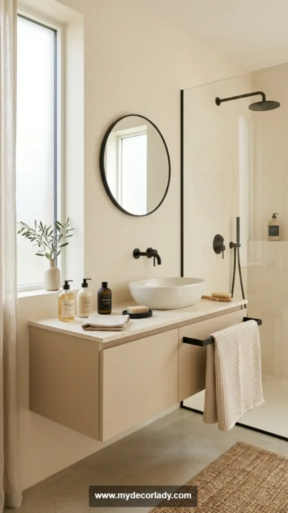 8. Neutral Label Colors for a Calm Bathroom Design